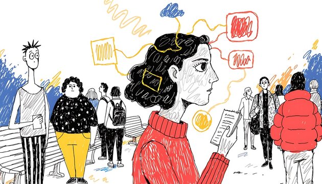 Stylized hand-drawn illustration depicting the internal mental state of an introverted person in a social crowd
