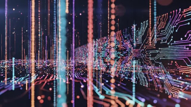 Digital circuit board lines and glowing points against a dark background