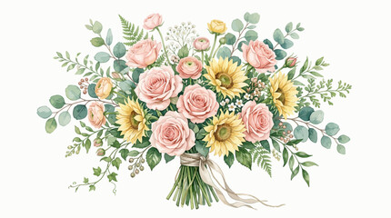 Watercolor bouquet of pink roses and sunflowers with eucalyptus and ferns. © Sendang