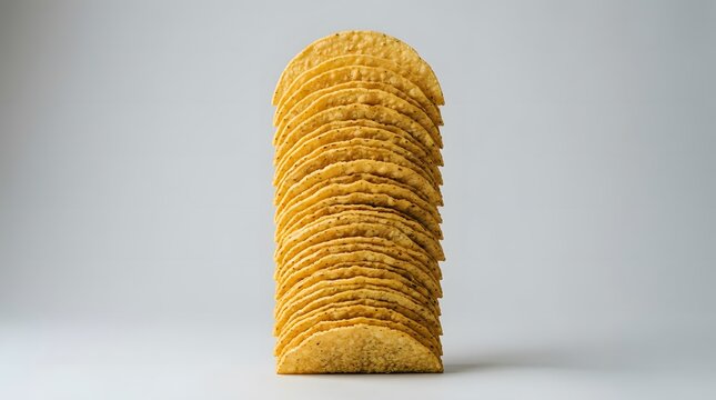 Vertical stack of hard corn taco shells arranged in a high column on a plain white background