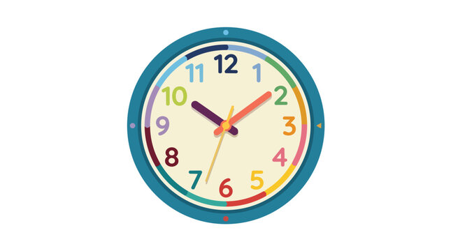 Colorful round wall clock for children learning and time management flat vector illustration for educational nursery decor