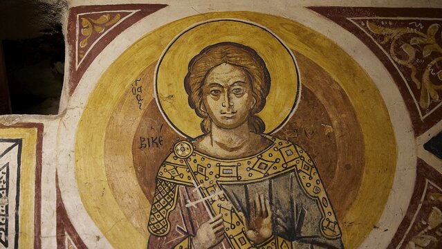 Depiction of a holy figure with book and halo on church wall, Thari Monastery, Moni Thari, near Gadouras Reservoir, lonely mountain region, Rhodes, Dodecanese, Greek Islands, Greece