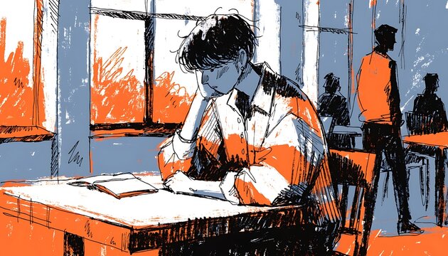 Introspective young student absorbed in deep thought or study within a classroom, presented in a vivid, hand-drawn illustration style reflecting quiet concentration
