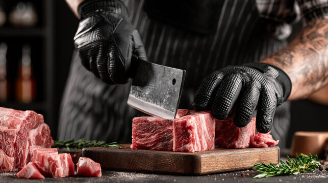 Professional butcher using large knife to cut fresh raw meat piece

