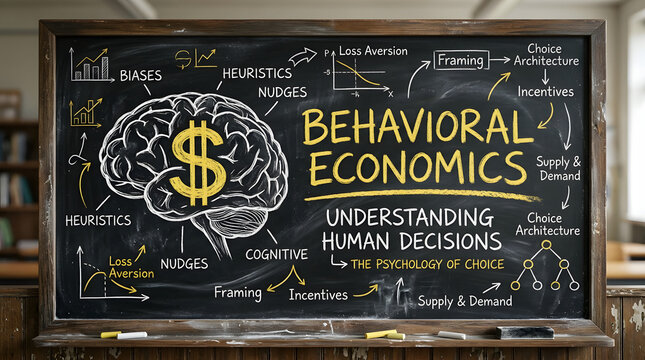 Blackboard with displays chalkboard covered behavioral economics diagrams text featuring brain dollar sign psychology education cognitive with heuristic
