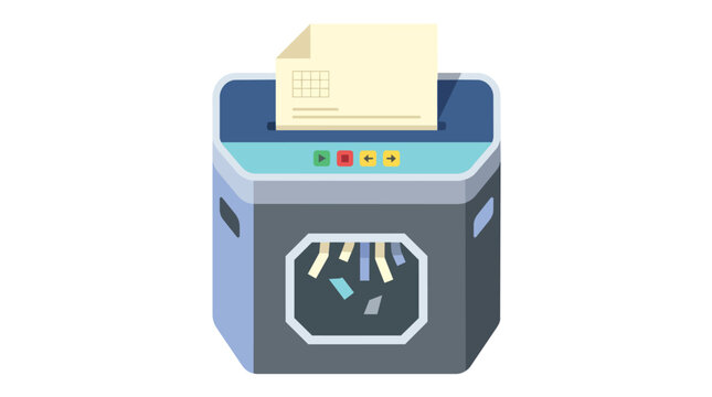 Paper shredder machine destroying sensitive documents for data privacy and security in a modern flat vector illustration for corporate information compliance