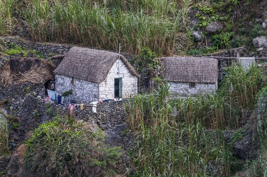 Mountain landscape with little houses. San Antao. Cabo Verde. Africa