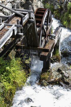 Old watermill in the historic centre of Grimentz, Val d'Anniviers, Valais Alps, Canton Valais, Switzerland