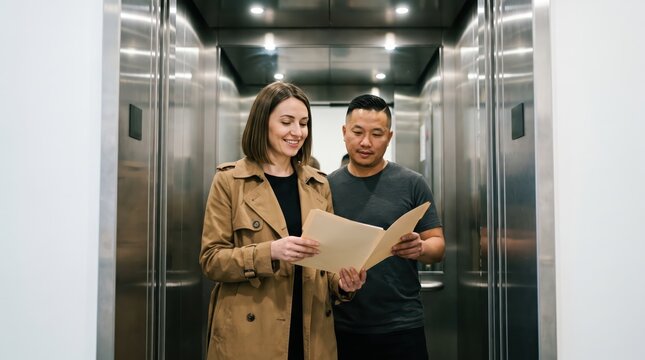 Generative AI, Two colleagues reviewing documents together inside an office elevator