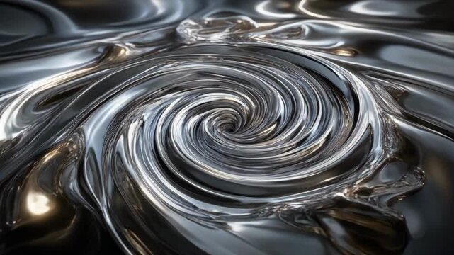 Close-up of a swirling liquid metal vortex with reflective surface