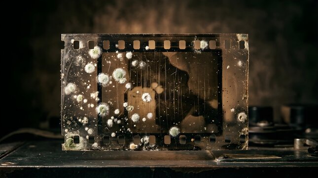 Damaged old photographic film strip with mold and scratches on dark desk