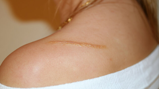 raised keloid scar tissue mark visible on human chest skin collarbone area
