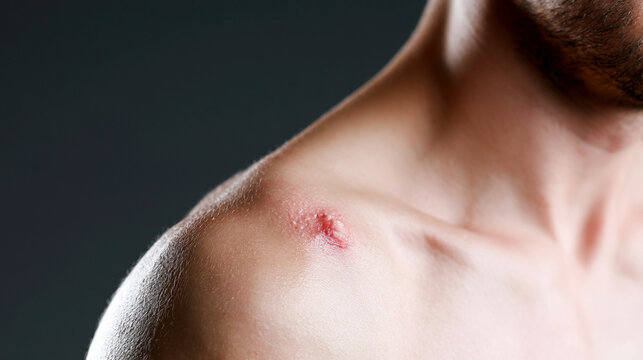 raised keloid scar tissue mark visible on human chest skin collarbone area
