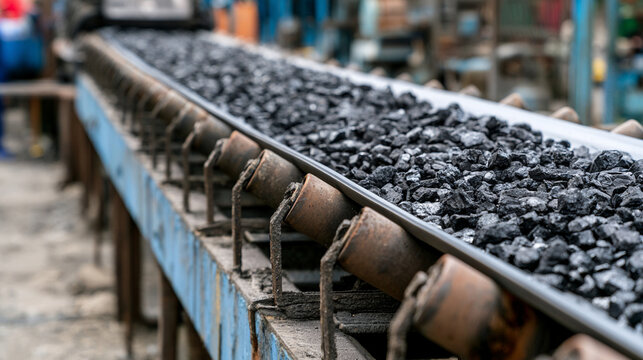 crushed black raw coal rocks moving on heavy industrial conveyor belt rollers
