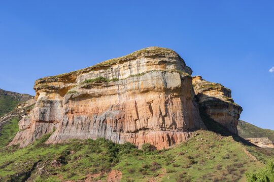 Grassland with sandstone cliffs and cliffs, landscape in Golden Gate Highlands National Park, Free State, South Africa