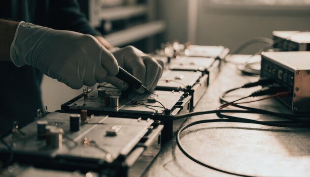 A gloved hand uses tweezers to repair or assemble electronic components on circuit boards in a workshop setting with various tools and equipment.