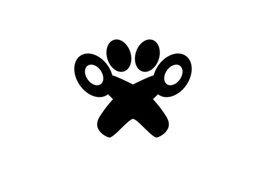 Black outline icon with crossed scissors and oval dots for a pet grooming service logo.
