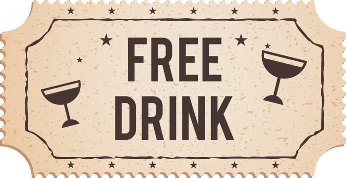 Free drink ticket with cocktail glass icons and decorative stars on vintage speckled paper for bar promotions club events party invitations happy hour specials and beverage vouchers.