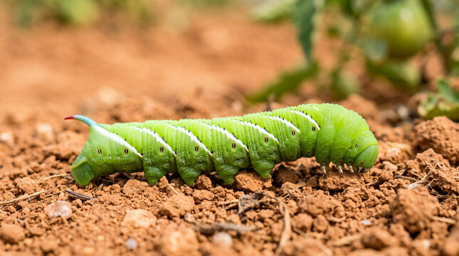 Large green tomato hornworm caterpillar crawling on soil