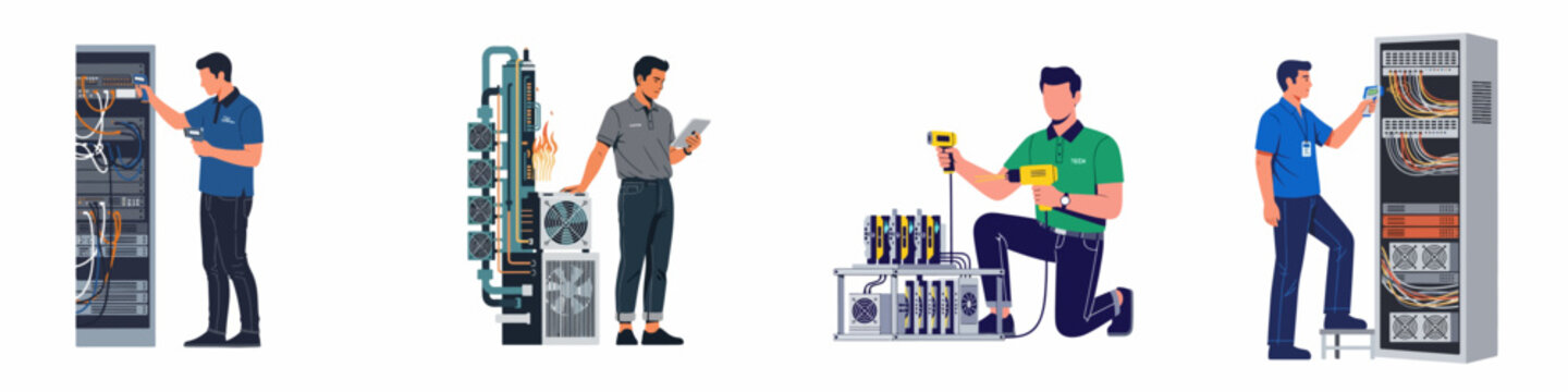Set of illustrations depicting professional technicians performing thermal inspections and maintenance on server racks and cryptocurrency mining rigs in a data center.