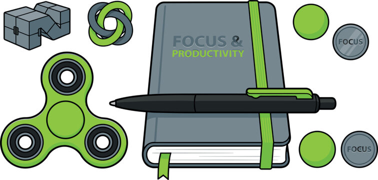 Focus and Productivity Office Desk Vector Set Featuring Green Fidget Spinner Grey Notebook Pen Infinity Cube and Tangle Puzzle Elements
