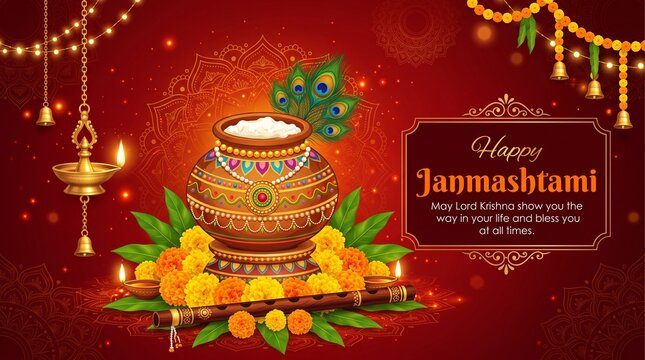 Greeting background for Hindu festival Krishna Janmashtami (birth of Lord Krishna). Vector illustration