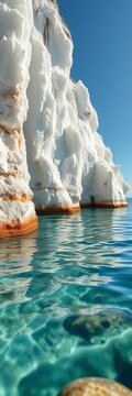 Calm waters lap gently against crystal formations, sunlight, peaceful