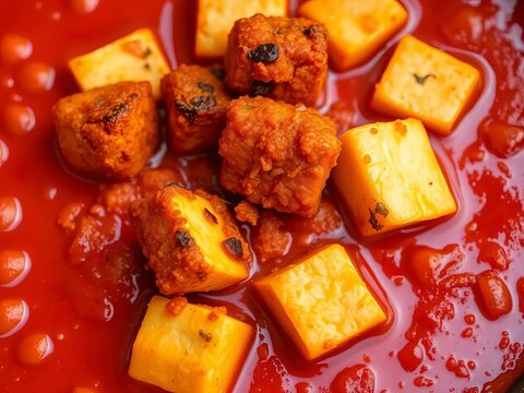 Crunchy, golden-brown paneer cubes sizzling in a fiery red sauce, || spicy, cuisine