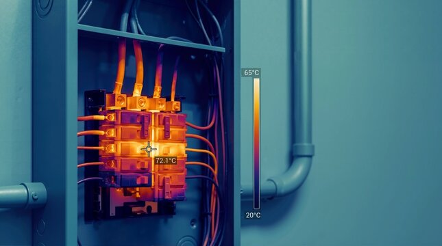 Thermal imaging camera view of electrical breaker panel. Infrared heat scan of hot circuit breakers and wires. Industrial maintenance and safety inspection concept