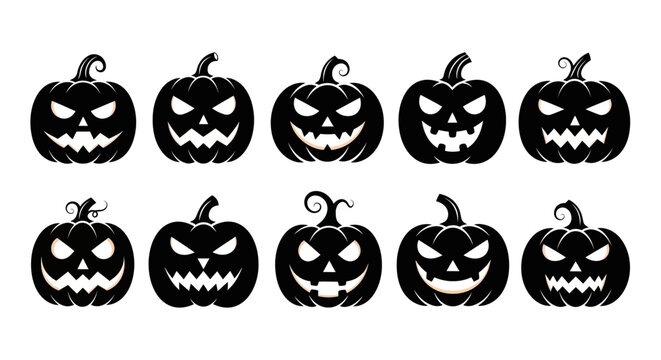 Set of ten unique Halloween vector icons including a carved pumpkin, spooky ghost, flying bat, human skull, witch hat, cauldron, black cat, candy, spider web, and cemetery grave.