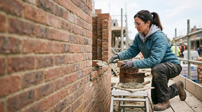 Female bricklayer applying mortar to a red brick wall with a trowel. Woman construction worker kneeling on scaffolding at a building site. Masonry and renovation concept