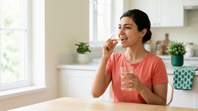 Smiling woman taking omega 3 capsule with glass of water in kitchen. Female swallowing yellow vitamin pill. Daily health and dietary supplement routine