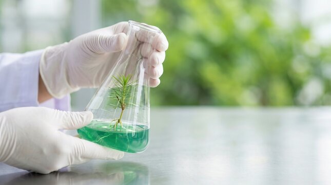 Plant seedling in glass flask held by gloved hands in laboratory, biotechnology and agricultural science concept