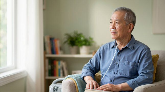 Elderly Asian man with nasal cannula sitting by window. Senior patient receiving home oxygen therapy in living room