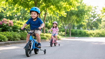 Fototapeta premium Young boy and girl riding bicycles with training wheels in a green park. Children wearing safety helmets learning to balance on bikes. Outdoor summer hobbies and active childhood lifestyle
