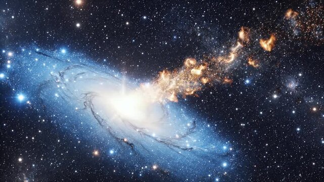 A distant spiral galaxy ejects a bright jet of cosmic material into space