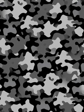 Repeating camouflage pattern of abstract military shapes in black and gray, graphic, military-inspired
