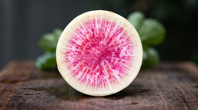 Close up of a halved watermelon radish showing bright pink center