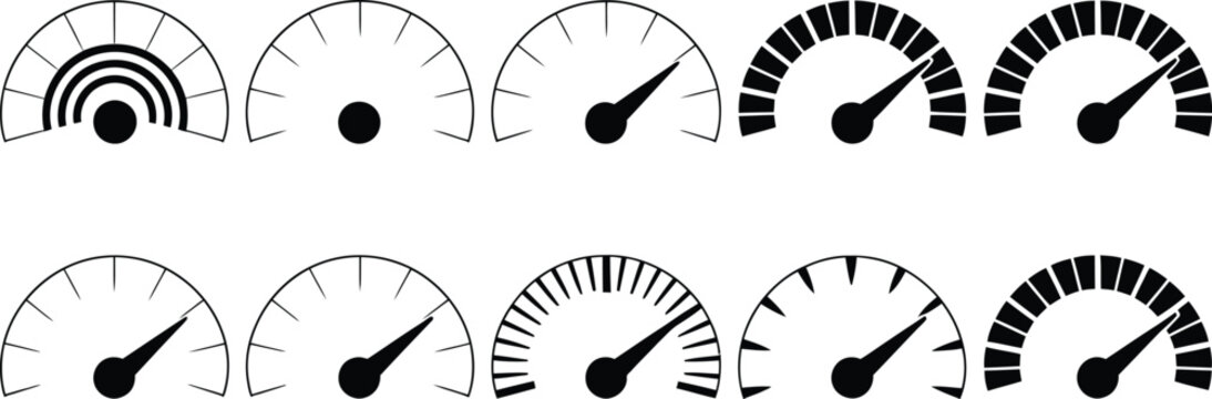 Dashboard speedometer icon set with tachometer performance gauge and fast internet indicator vector illustration