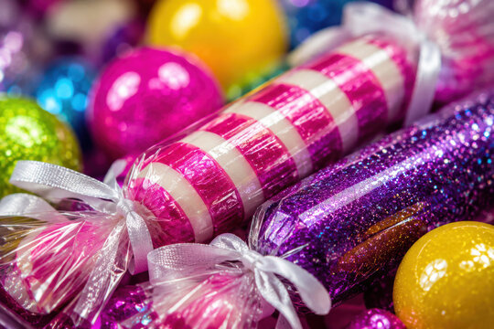 Shiny pink and purple wrapped candies with colorful Christmas baubles isolated on white background