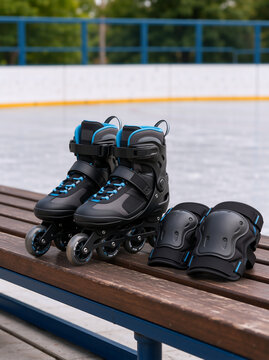 Black and blue inline skates with protective knee pads on a wooden bench. Rollerblades and safety gear at an outdoor skating rink. Sports and active lifestyle concept