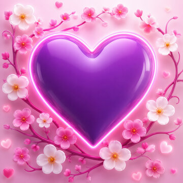 Shiny purple heart symbol surrounded by delicate pink cherry blossom flowers isolated on white background