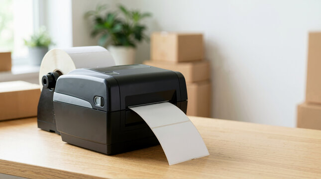 Thermal label printer with rolling paper on a wooden desk. Black barcode printer for shipping packages in a home office. E-commerce logistics concept