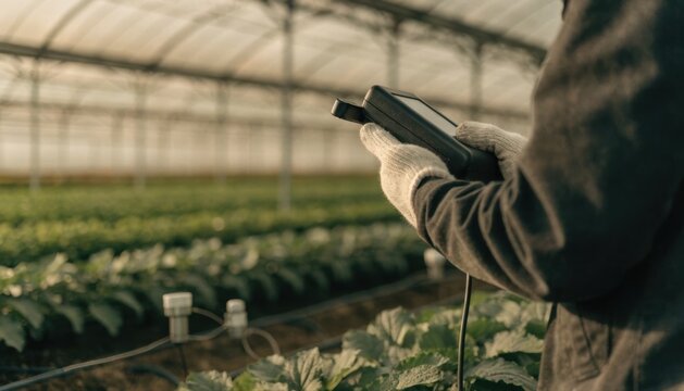 A person wearing gloves uses a handheld device to monitor plants growing inside a large greenhouse.