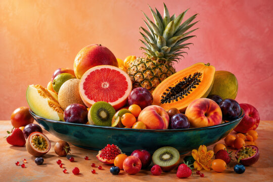 Fresh tropical fruit assortment in a dark bowl on a warm background isolated on white background