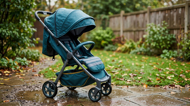 Teal baby stroller covered in water droplets parked on a wet stone patio. Wet pram left outside in a backyard garden after rain