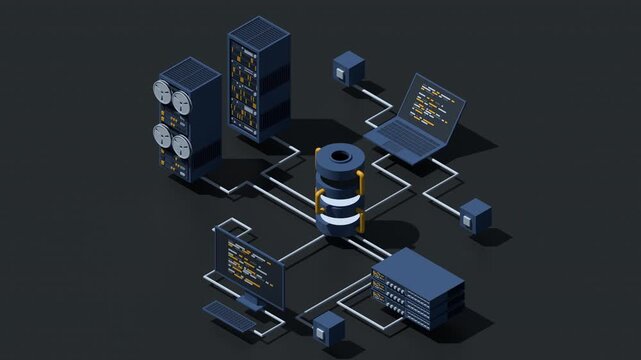 3D isometric modern cloud database and networking animation. Computer service technology. Supercomputer. Isometric technology. 4K video animated in isometric style