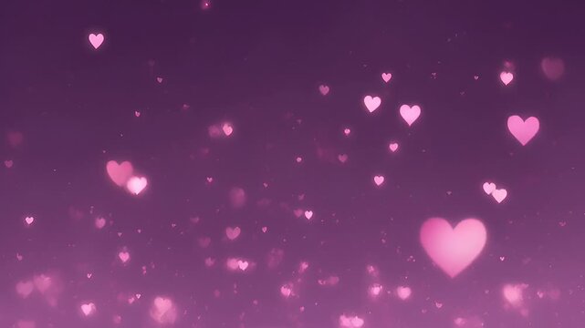 Floating pink heart shapes on a dark purple gradient background, soft glowing particles and bokeh light effect backdrop