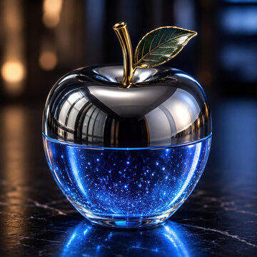Shiny blue crystal apple ornament with gold leaf on a dark reflective surface isolated on white background