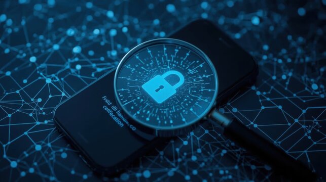 Smartphone rests on a dark digital background while a magnifying glass reveals a glowing padlock icon, symbolizing advanced cybersecurity, data privacy, and secure mobile technology for modern.